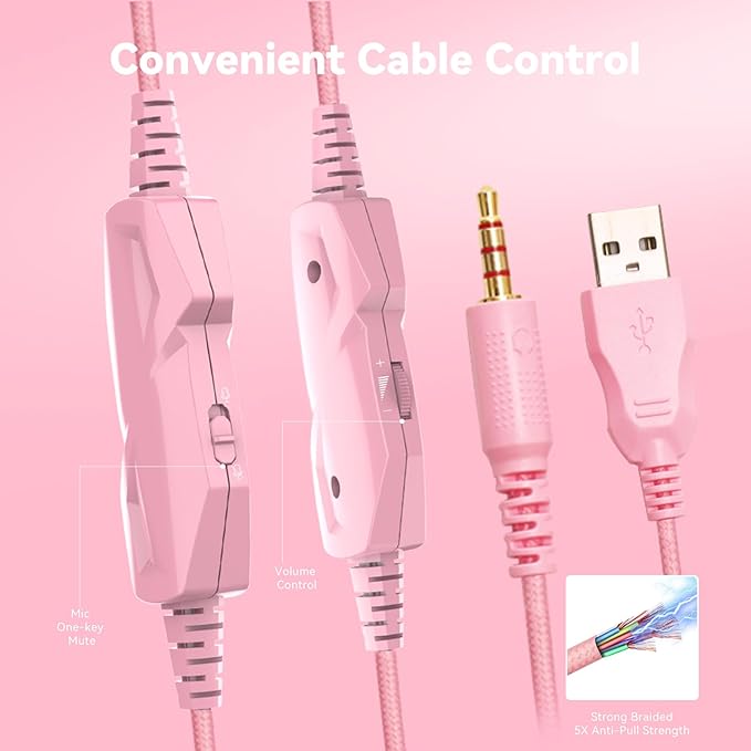 Gaming Headset with Microphone for Pc, Xbox One Series X/s, Ps4, Ps5, Switch, Stereo Wired Noise Cancelling Over-Ear Headphones with Mic, RGB, for Computer, Laptop, Mac, Nintendo (Pink)
