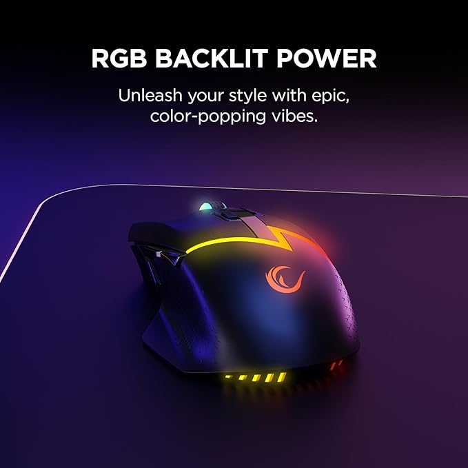 Rampage M3 Wireless Gaming Mouse. 10000 DPI, Tri Mode USB C, Bluetooth, 2.4GHz. 55 hr Battery Life RGB Mouse Designed for Mouse Gamers - Black.