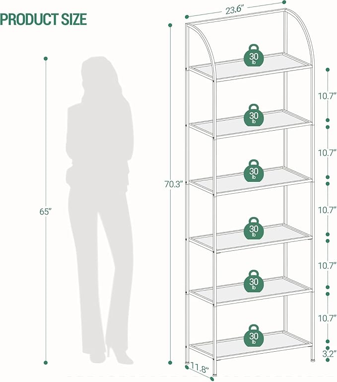 Hzuaneri Bookcase Bookshelf, Tempered Glass Arched Bookshelf for More Storage, Slim Shelving Unit for Bedroom, Bathroom, Home Office, Steel Frame, Wide 6 Tier Gold BC22699G