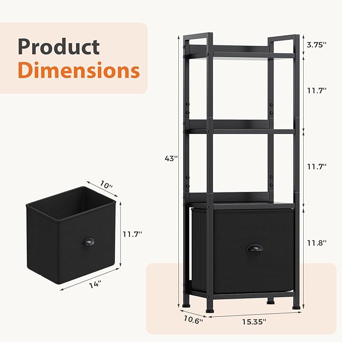 Sweetcrispy 4-Tier Bookshelf with Fabric Drawer, Wood-Metal Standing Display Shelf, Multi-Functional Organizer for Books, CDs and Movies, Suitable for Bedroom, Living Room, Black