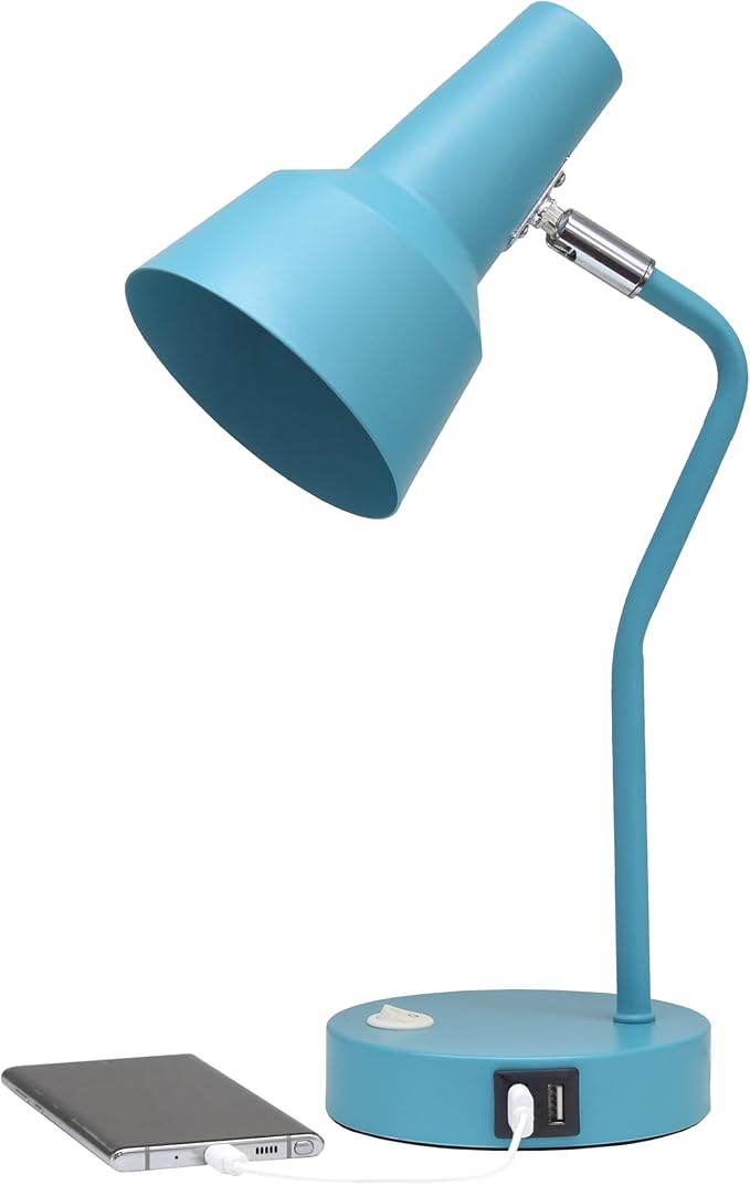 Simple Designs LD1072-CYN 15.2" Sleek Essentials Metal Cone Shade Desk Lamp with Adjustable Shade and Dual USB Ports, for Office, Desk, Nightstand, Dorm, Cyan Blue