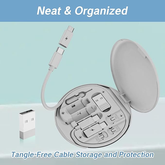 9 in 1 Cable Case USB Adapter Travel Cord Adapter Kit USB Type C to Micro USB/USB A Cable Data Transfer Tool Contains Sim Card Slot Tray Eject Pin Use as Phone Holder(Grey) Travel Cord Adapter kit