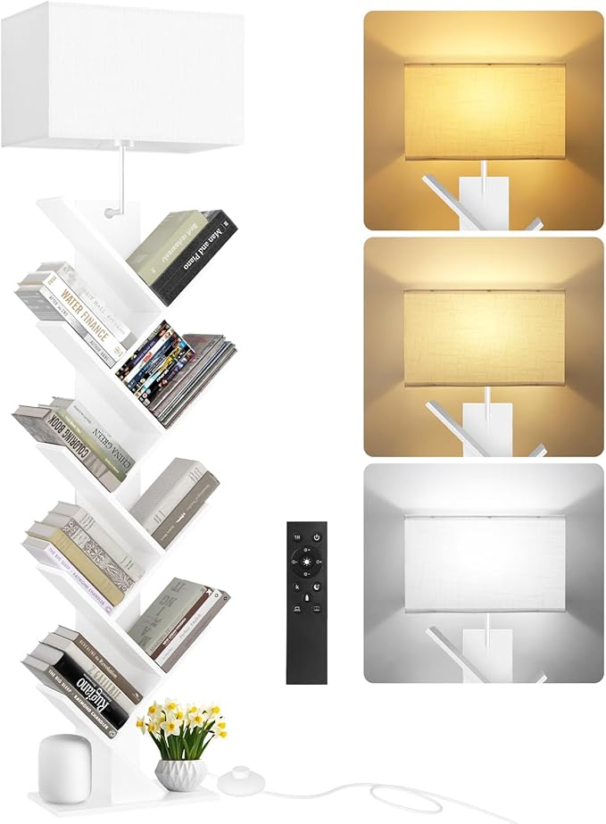 9 Tier Tree Bookshelf with Light, Remote & Timer, Dimmable Tall Floor Book Shelf, Narrow Wood Bookcase, Small Book Organizer Shelves for Living Room, Bedroom, Home Office (White)