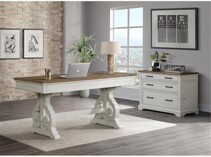 Pemberly Row Home Office Set with Lateral File Cabinet and Writing Desk in White and Oak