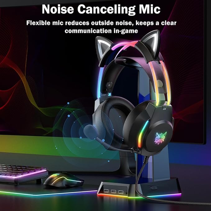 Gaming Headset with Microphone, Cat Ear Headphones for PC Laptop PS4 PS5 Xbox Switch, Rainbow RGB Lighting & Virtual Surround Sound, 3.5mm Wired Over Ear Headphones, Ergonomic