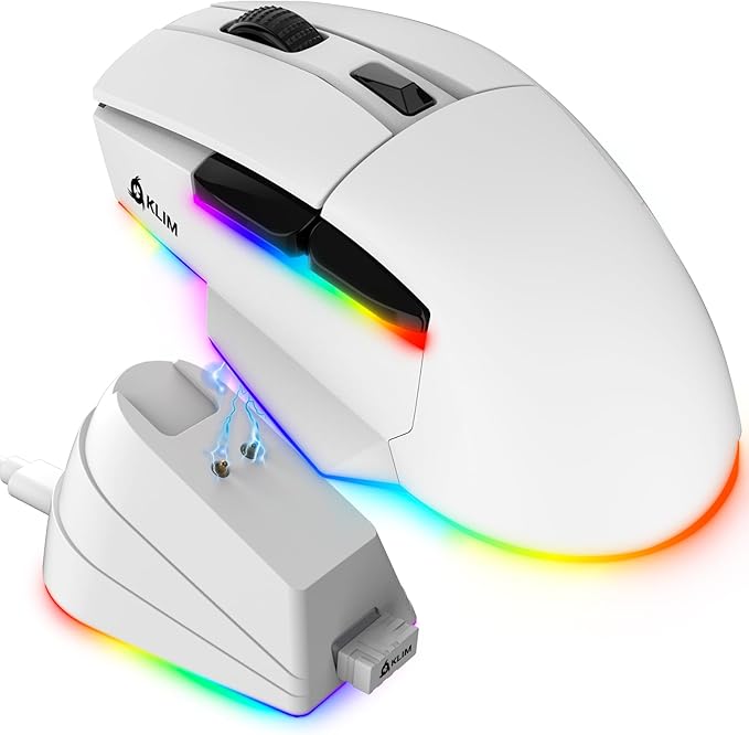 KLIM Blaze X RGB + New + Rechargeable Wireless Gaming Mouse with Charging Dock + Long-Lasting Battery + Up to 12000 DPI + Wired & Wireless Mouse PC, PS5, PS4, Mac + White