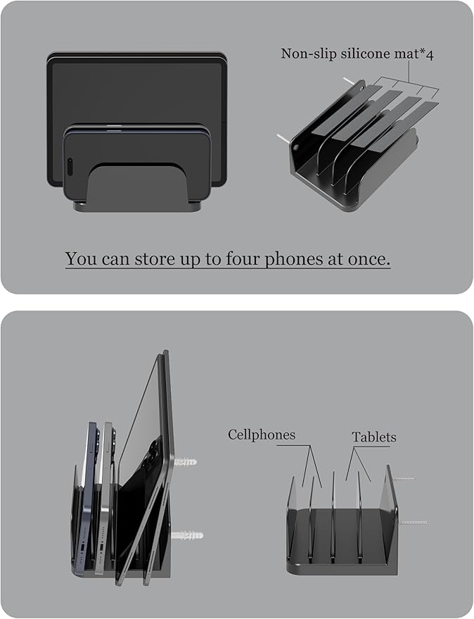 Wall Mount Phone Holder for Smartphones and Tablets, Phone Shelf with 4-Slot Docking Station Compatible with Tablet, ipad, Kindle Wall Charging Organizer (Black)