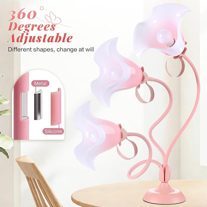 Flower Desk Lamp, 3 Color Modes LED Reading Light,Silicone Flexible Arm Book Light for Reading, Cute Bedside Table Lamp Bedroom Living Room Decor, Perfect Mother's day Valentine‘s Birthday Gift