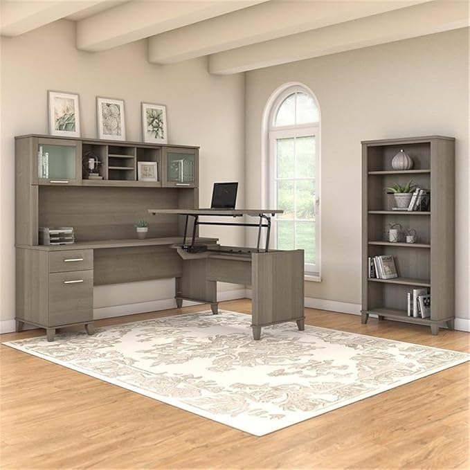 Scranton & Co Somerset 72W Sit Stand L-Shaped Desk, Hutch, 5-Shelf Bookcase, Adjustable Heights 37/40/43 in, Frosted Glass Storage, Ergonomic Office Furniture Set for Home or Commercial Use