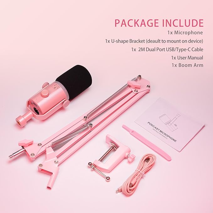 FEELWORLD PM1 XLR USB Dynamic Microphone with Boom Arm Gifts for Podcast Recording PC Computer Gaming Live Streaming Vocal Voice-Over, Studio Metal Mic, RGB Light, Mute Button, Headphones Jack (Pink)