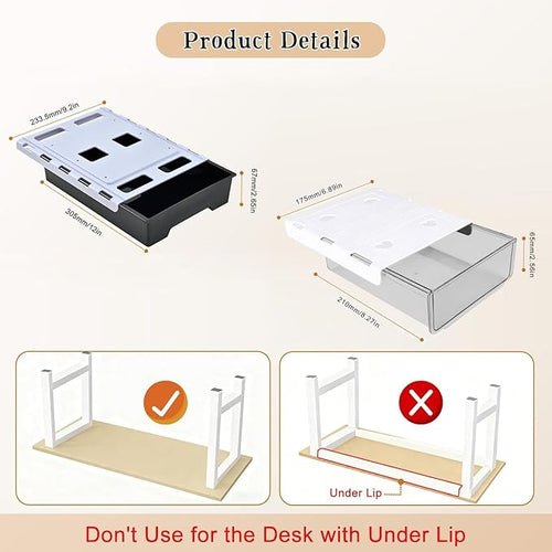 2 Pair Super Capacity 11.85 "x 8.9" Under Desk Drawer Hidden Strorage Drawer Self-Adhesive Slide Out with Smooth Gliding Motion - Attachable & Space-Saving Under Desk Organizer with Screw Kit, Black