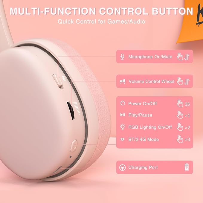 AULA G7 Pro Wireless Gaming Headset with 7.1 Surround Sound, 40mm Driver, BT5.3 Gaming Headphones with Mic, RGB, 10ms Latency, 65H Battery, Pink Gaming Headset for PS5,PS4, Switch,Xbox,PC,Phone, Mac