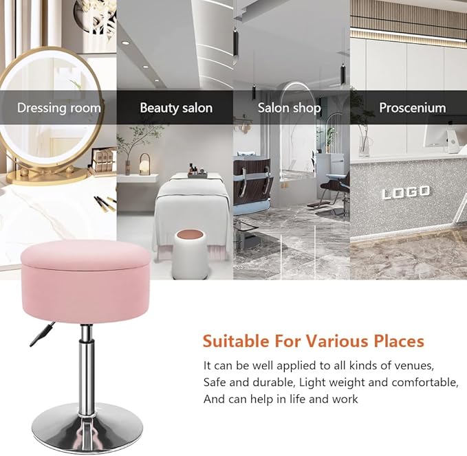 KKTONER Velvet Round Vanity Stool with Storage Height Adjustable Makeup Chair with Swivel Base Non-Slip Small Vanity Stool for Spa Salon Dressing Room Bedroom (Pink)