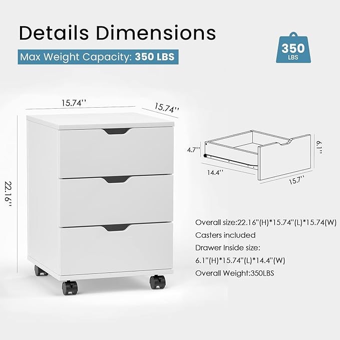 Farini Wood File Cabinet for Home Office,Under Desk 3 Drawer Mobile File Cabinet(White,Non-Assembled)