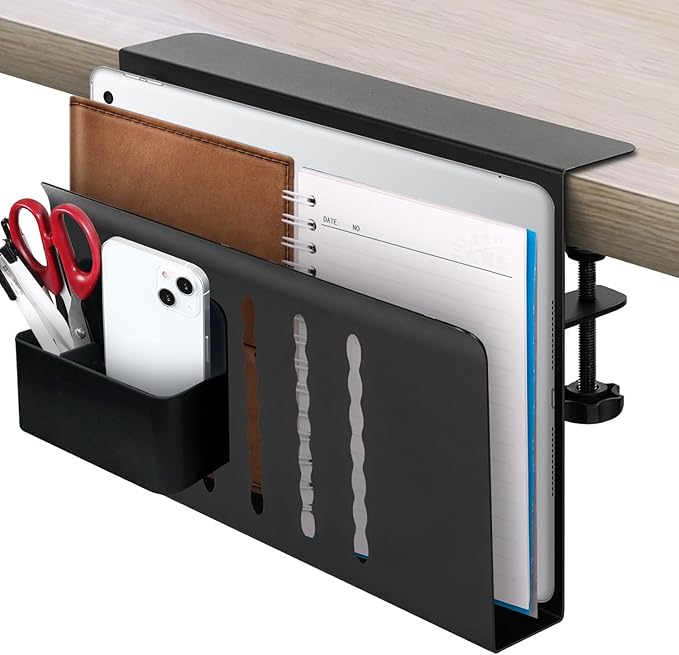 Desk Side Storage, Desk Laptop Holder with Magnetic Pen Holder, No Drill Desk Side Organizer for Office and Home Fits Flat Edge 0.3" to 2.3"
