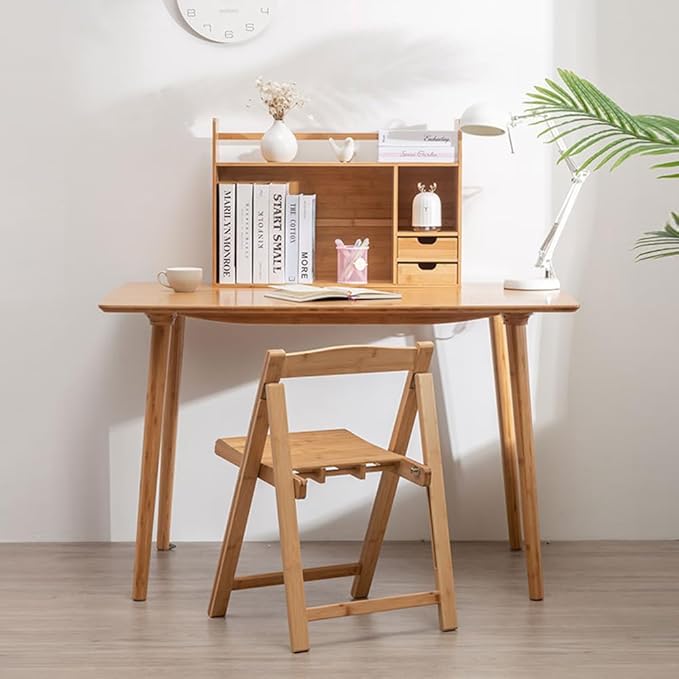 Bamboo Desktop Bookshelf – Small Bookshelf for Desk with Drawers, Double Layer Display Shelf & Desk Hutch Organizer for Office, Dorm & Computer Desk (22.8"x7.5"x18.1")