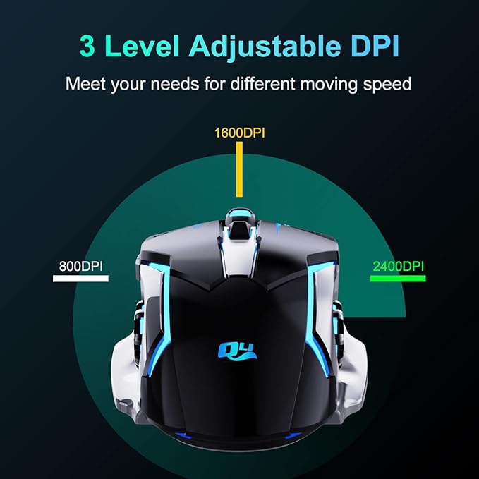 New 2.4G Wireless Rechargeable Gaming Mouse Silent Click with 6 Buttons, 3 Adjustable Levels DPI, Colorful LED Lights for Laptop, iPad, MacOS, PC, Windows, Android (Black)