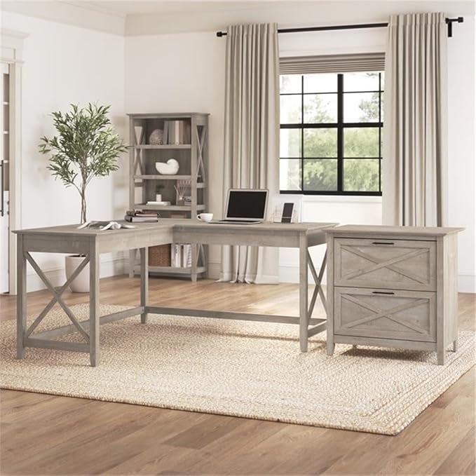 Pemberly Row 60W L Shaped Desk with 2 Drawer File Cabinet, Washed Gray Finish, Durable Office Desk Set with X Pattern Accents, Spacious Work Surface, Home Office or Living Room Furniture