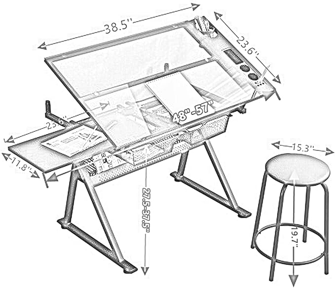 Garvee Drafting Table w/Stool, Height Adjustable Drawing Table, Multifunctional Art Craft Paintings Work Station w/2 Storage Drawers, 0-75° Tilting Glass Tabletop for Home Office, White