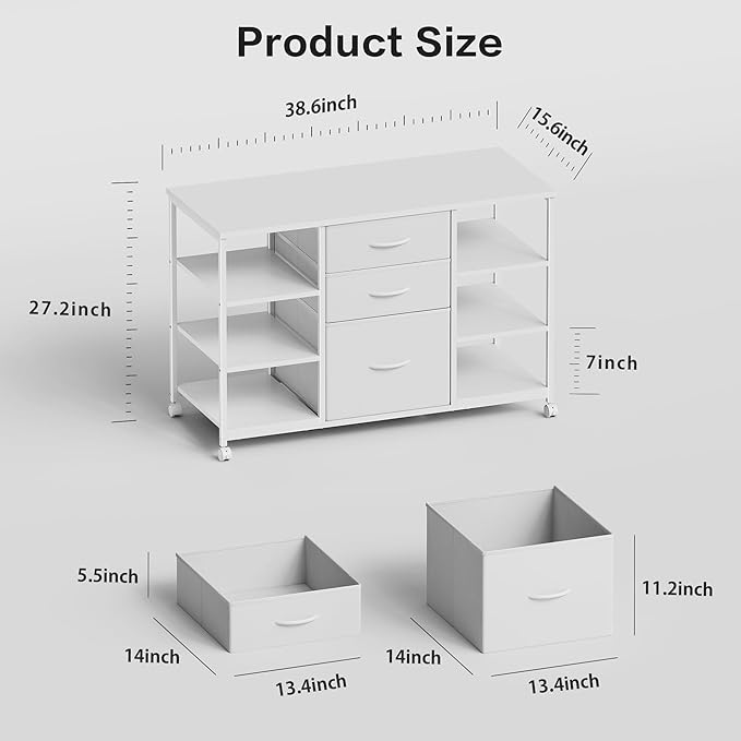 YeTom Mobile File Cabinet,Lateral Filing Cabinet with 3 Fabric Drawers,Rolling Printer Stand with 4 Open Storage Shelf for Home Office, White