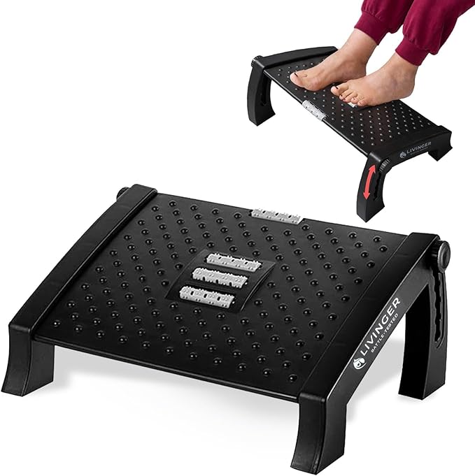 Livinger Foot Stool – Adjustable Foot Rest with 6 Height Settings – Under-Desk Support with Non-Slip Legs – Ergonomic Foot Roller – Sturdy Design for Office or Home