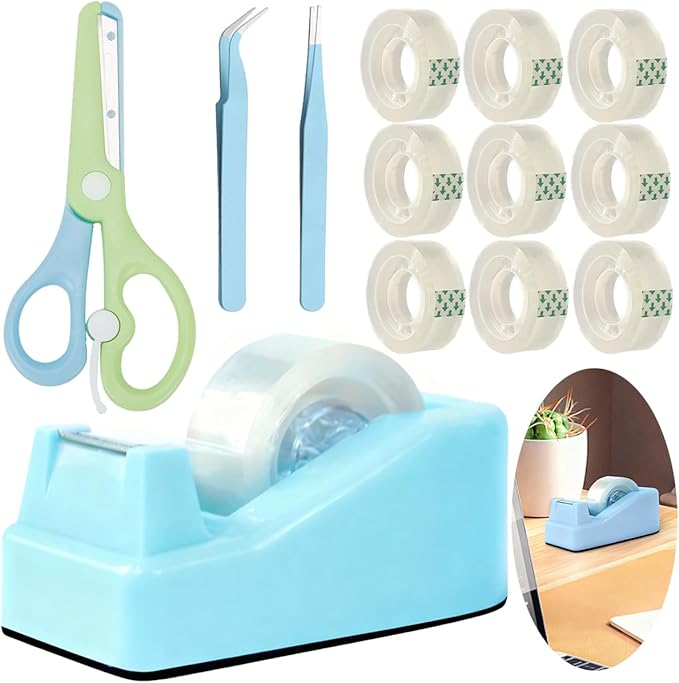 XEUZK Desktop Tape Dispenser Kits with Weighted Nonskid Base Tape Dispenser- Includes 9 Rolls of Transparent Tape(0.71 Inch x 500 inches Each) & Blue Scissors, 2 Pcs Tweezers (Lake Blue)