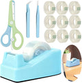 XEUZK Desktop Tape Dispenser Kits with Weighted Nonskid Base Tape Dispenser- Includes 9 Rolls of Transparent Tape(0.71 Inch x 500 inches Each) & Blue Scissors, 2 Pcs Tweezers (Lake Blue)