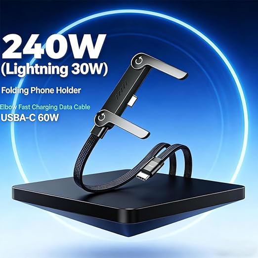 240W Super Fast Charging, Invisible Holder Charger Cable with Stand, Built-in Phone Support Fast Charging Cord, Type C Braided Design for Gaming Office Travel (C to C)