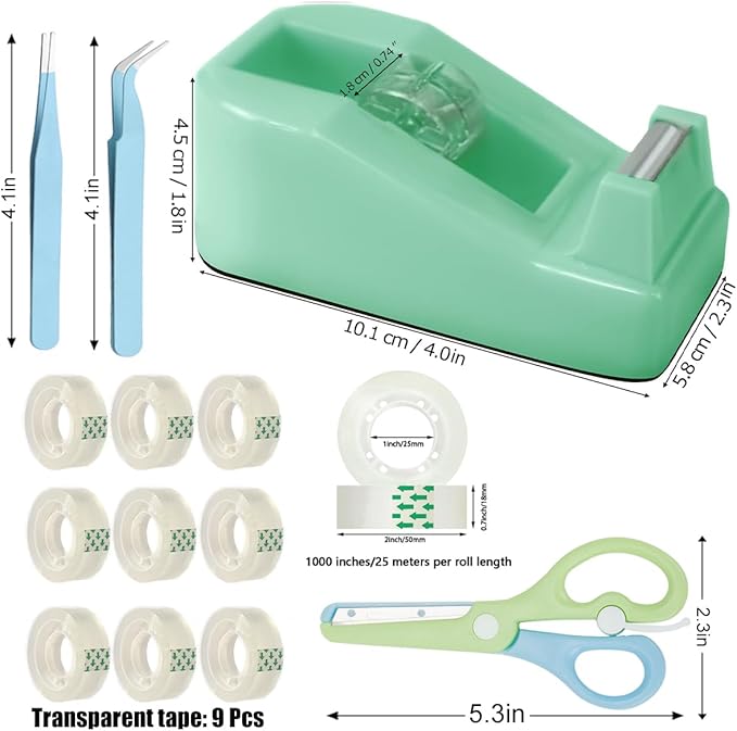 XEUZK Desktop Tape Dispenser Kits with Weighted Nonskid Base Tape Dispenser- Includes 9 Rolls of Transparent Tape(0.71 Inch x 500 inches Each) & Blue Scissors, 2 Pcs Tweezers (Green)