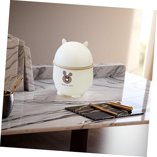 ARTIBETTER Cute Cartoon Desktop Trash Can with Lid Small White Waste Bin for Office Kitchen and Bathroom Compact Slim Trash Can Easy to Use Suitable for Home and Office