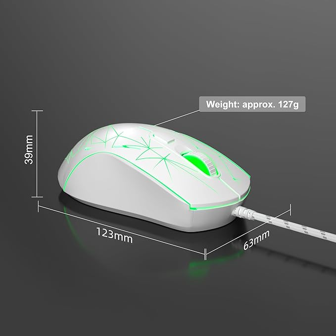 MageGee G6 Wired Gaming Mouse, Ergonomic USB Optical Mouse with 7 Colors Breathing LED Backlit, 6 Adjustable Speed Levels from 600 to 3200 for Laptop PC Computer Games & Work, White
