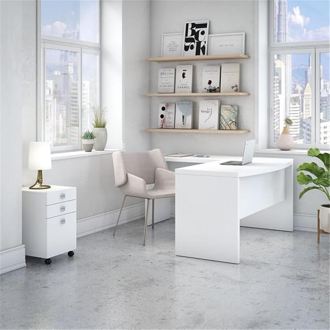 BOWERY HILL L Shaped Bow Front Desk Set, 60W x 67.31D x 30H, Engineered Wood, Pure White Finish, File Cabinet with Satin Silver Hardware, Contemporary Office Furniture for Modern Workspaces