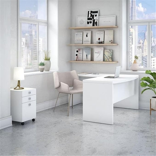 BOWERY HILL L Shaped Bow Front Desk Set, 60W x 67.31D x 30H, Engineered Wood, Pure White Finish, File Cabinet with Satin Silver Hardware, Contemporary Office Furniture for Modern Workspaces