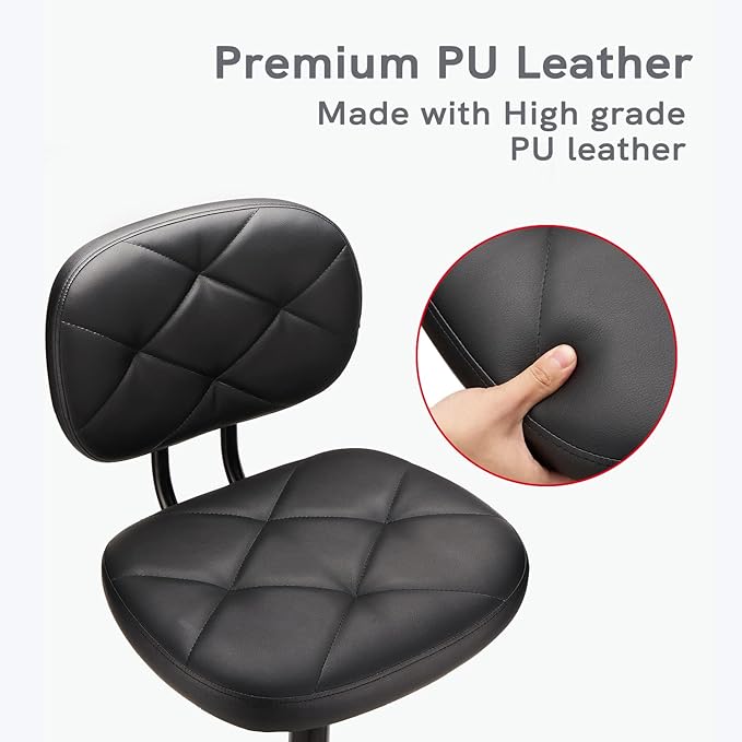 KLASIKA PU Leather Rolling Stool with Back and Wheels, Adjustable Diamond Upholstered Drafting Stool, Multi-Purpose Desk Chair for Home Office Bar Kitchen Shop, Black (2PK)