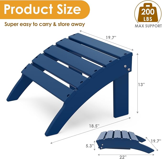 IVY&LANE Outdoor Adirondack Ottoman | Folding | Set of 2 | HDPE | Blue | All Weather | Waterproof Patio Footrest for Adirondack Chair | Poly Lumber Foot Rest for Deck Backyard