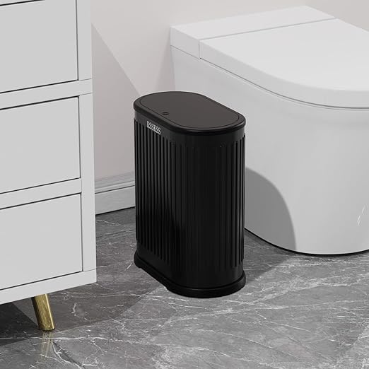KSSKSS 1.8 Gallons Small Stainless Steel Trash Can with Press Type Lid, Slim Bathroom Garbage Bin, Removable Liner Bucket, Dog Proof Narrow Wastebasket with Pop-Up Lid for Bedroom,Toilet (Matt Black)