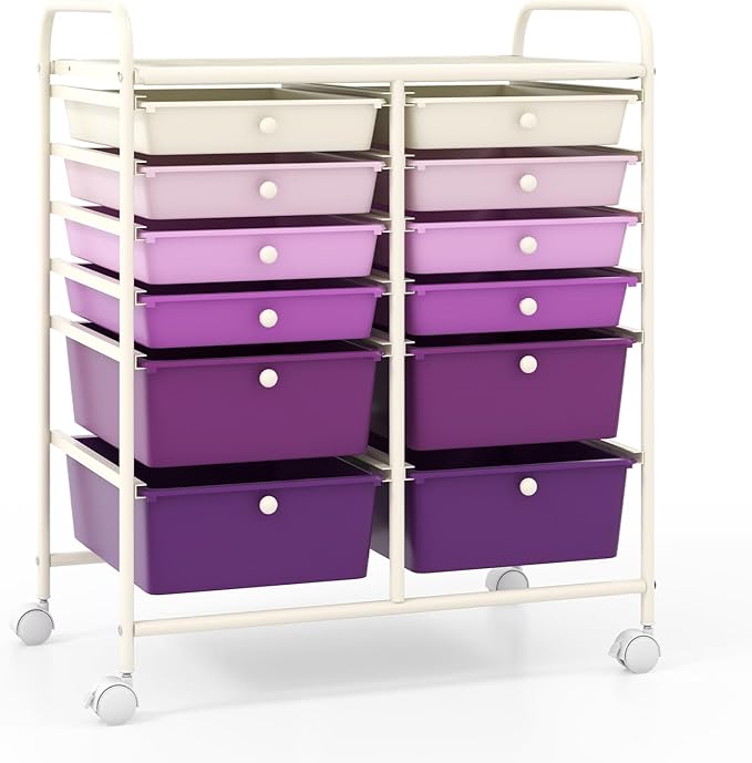 Moccha 12-Drawer Rolling Storage Cart - Utility Cart on Wheels with Lockable Casters for Craft Art Supply Paper Salon, Mobile Drawer Carts for Classroom Teacher School Office (Gradient Purple)