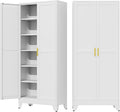 75" Metal Storage Cabinet with Adjustable Leveling Foot,Garage Storage Cabinets with 2 Doors and 5 Adjustable Shelves, Black Steel Cabinet for Office,Home,Garage(White)