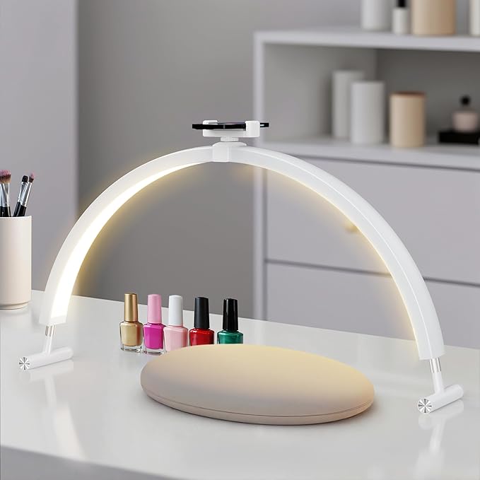 Mznoo Half Moon Light for Nail Desk, 30'' Large Half Moon Desk Lamp with Phone Holder, Professional Nail Tech Light with 3 Color Modes and 5 Brightness for Manicure Salon and Handicraft (White)