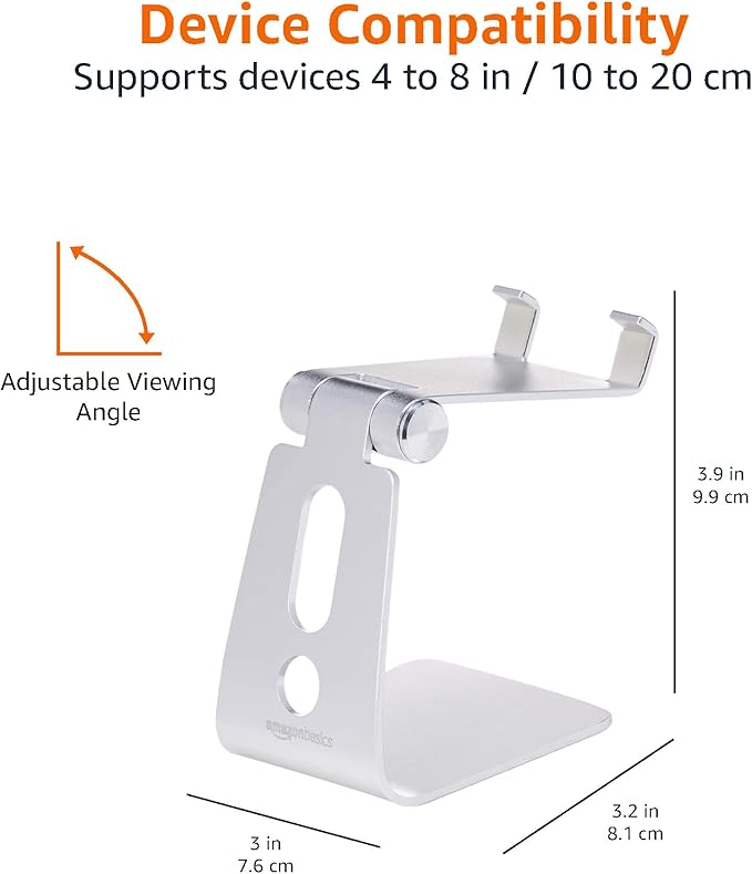 Amazon Basics Adjustable Aluminum Phone Stand for Cell Phones, iPhone and Android, Desktop Phone Holder with Adjustable Angle, Hands-Free Viewing, 3.15 x 2.87 x 3.74 inch, Silver