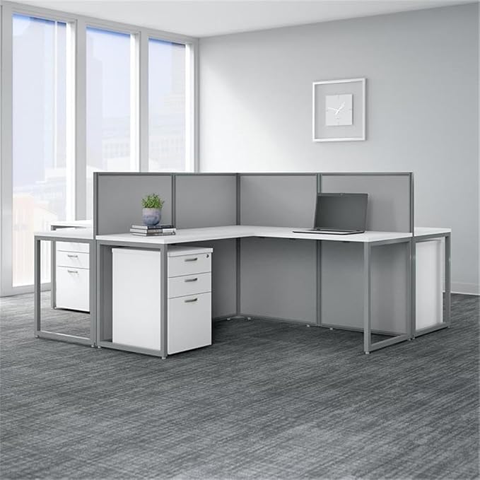 Pemberly Row 4 Person L Desk with Drawers, 45H Panels, Engineered Wood, White Finish, Includes Filing Cabinets, Wire Management, Durable Office Furniture Set for Collaborative Workspaces