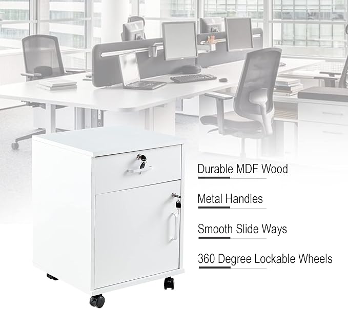 OFCASA Mobile 2 Drawer File Cabinet with Lock, Wooden Under Desk Filing Cabinet with Wheels, Small Rolling Storage Cabinet for Home Office Organizer A4/Letter Size/Legal, White