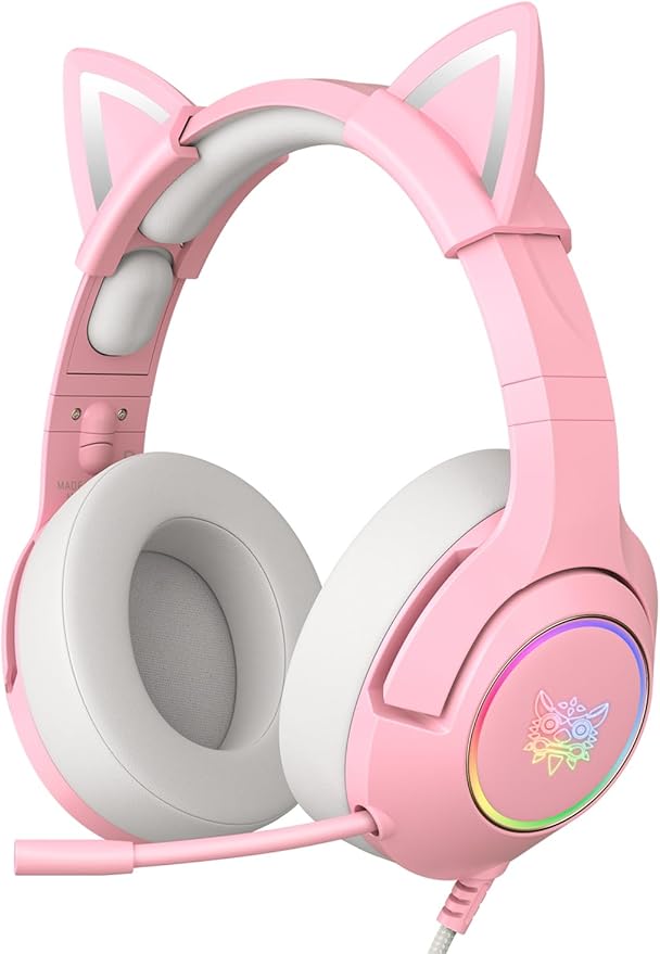 PHNIXGAM Cat Ear Gaming Cute Headset, Wired Over-Ear Headphones with Retractable Microphone, Surround Sound, LED Backlight for PS4, PS5, PC, Mobile Phone (Light Pink)