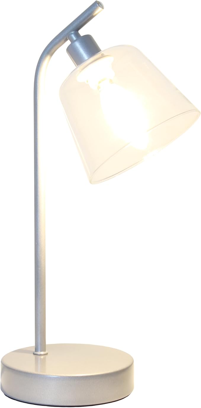 Simple Designs LD1080-SLV 16" Sleek Essentials Modern Industrial Metal Desk Lamp with Clear Glass Shade, for Office, Desk, Nightstand, Dorm, Silver