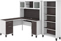 Bush Home Somerset 60W L Shaped Desk with Hutch and 5 Shelf Bookcase in White and Storm Gray
