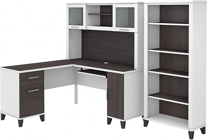 Bush Home Somerset 60W L Shaped Desk with Hutch and 5 Shelf Bookcase in White and Storm Gray