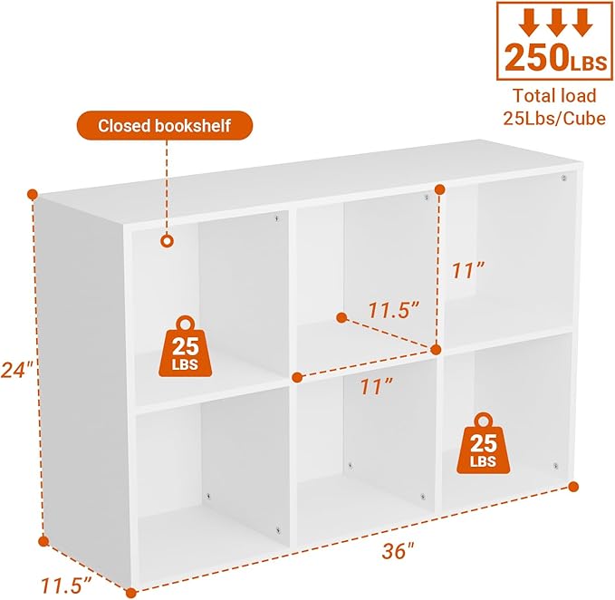 Wooden 6 Cube Storage Organizer with Closed Back Panel, Modern Open Cube Storage Shelf Bookshelf with Compartments, Cube Shelf Organizer for Living Room, Bedroom, Study Room (White)