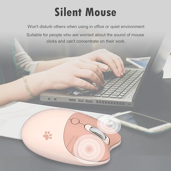 Lomiluskr Cute Cat Wireless Mouse, Lightweight Soundless Mice, 2.4G Wireless Mice, Candy Colors, Kawaii Mouse for Girls and Kids (Milk Tea)