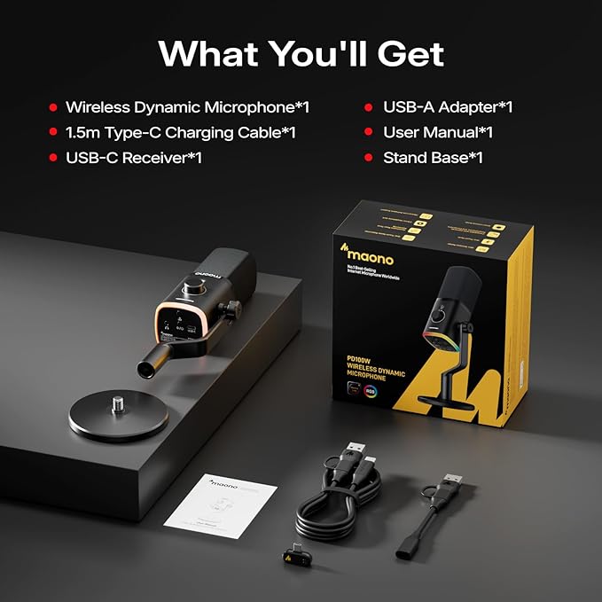 MAONO PD100W USB Wireless Microphone for PC, Gaming Streaming Dynamic Mic with One-Click Noise Reduction,Mute Button,Custom RGB, 3.5mm Headphone Jack, Desktop Podcasting Mic for Computer Phone, Black
