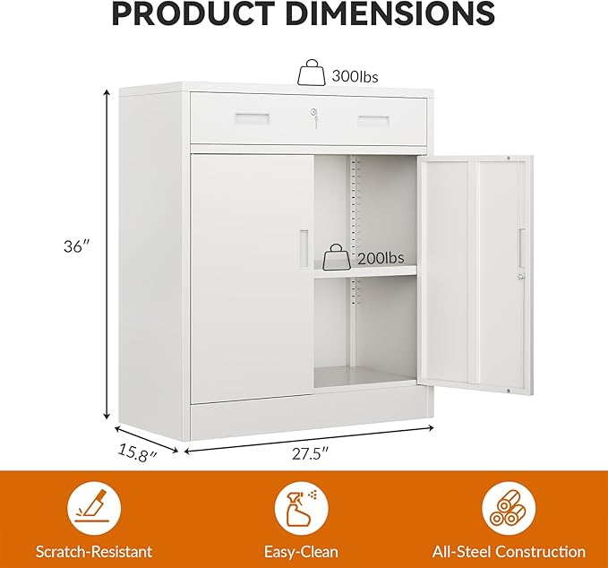 BESFUR Metal Garage Storage Cabinet with One Lockable Drawer 2 Locking Doors and an Adjustable Shelf, 36" White Metal Short Storage Cabinet for Home Office, Garage,School,Utility Room